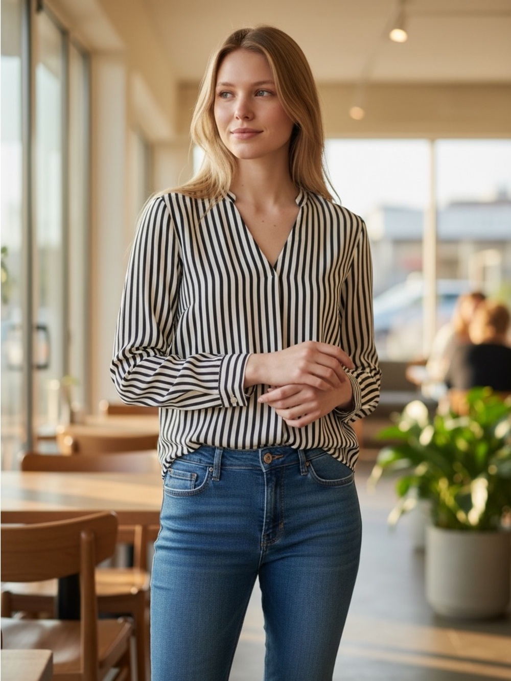 Melanie Lyne Striped Button-Down Blouse Black & White Vertical V-Neck Shirt 6